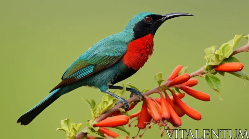 AI ART Male Scarlet-Tufted Malachite Sunbird Close-up on Red Branch