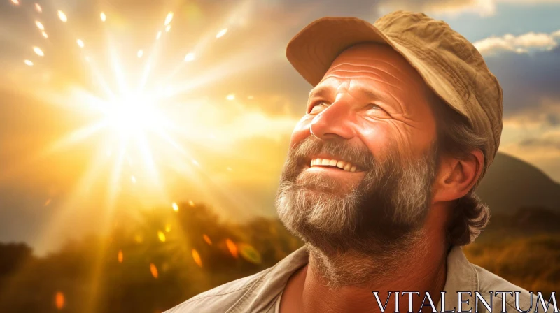 Middle-Aged Man Smiling at Sun in Meadow AI Image