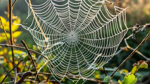 Morning Dew on Symmetrical Spider Web in Sunlight