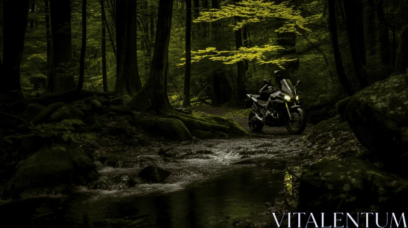 Nature's Essence: A Dark Motorcycle Journey by a Stream AI Image
