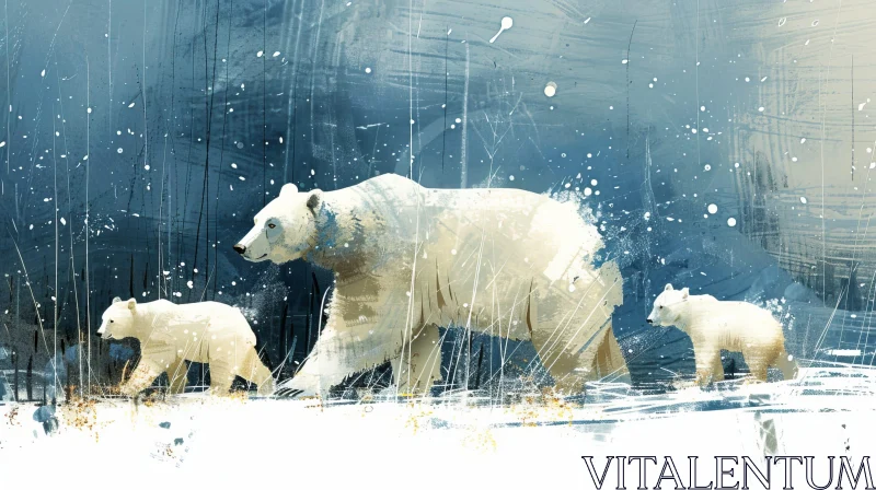 Polar Bear Family in Snowy Forest Digital Painting AI Image