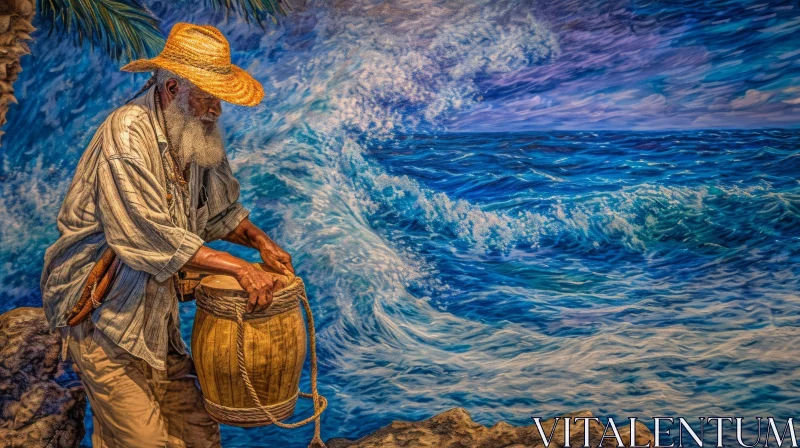 Realistic Painting of Elderly Man on Rocky Shore AI Image