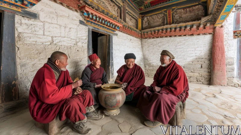 Serene Moment in a Temple: Elderly Buddhist Monks Engaged in Conversation AI Image