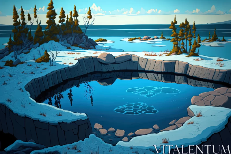 Serene Solitude: A Cartoonish Pond with a Snowy Edge AI Image
