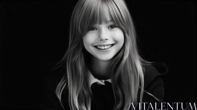 Smiling Girl Portrait in Black and White AI Image
