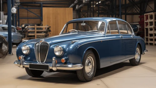 Timeless Elegance: A Classic Blue Car Parked in a Warehouse