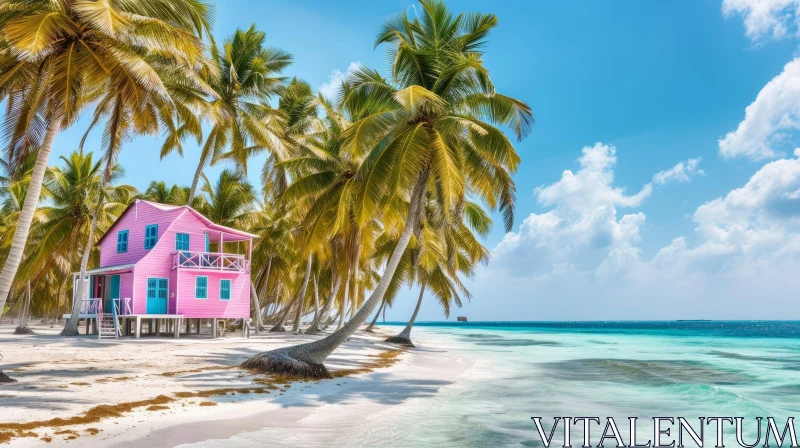 Tranquil Beach Scene with Pink House and Palm Trees AI Image