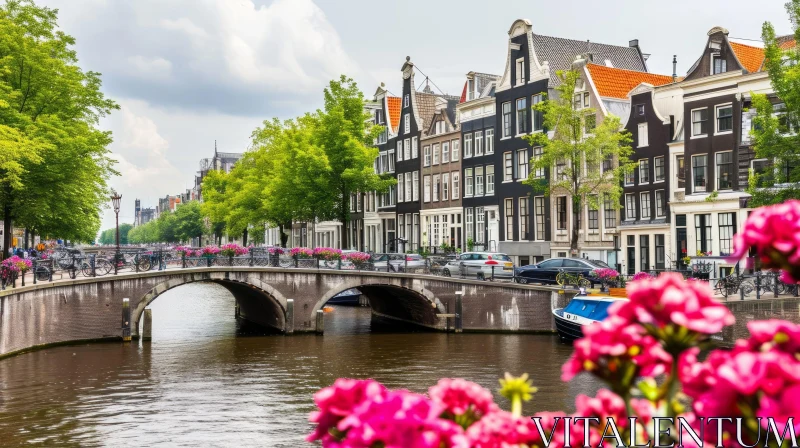 Tranquil Canal in Amsterdam - Colorful Buildings, Bridge, and Boats AI Image
