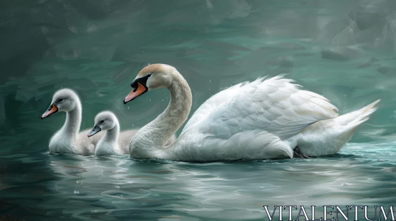 Tranquil Swan and Cygnets Painting in a Lake AI Image