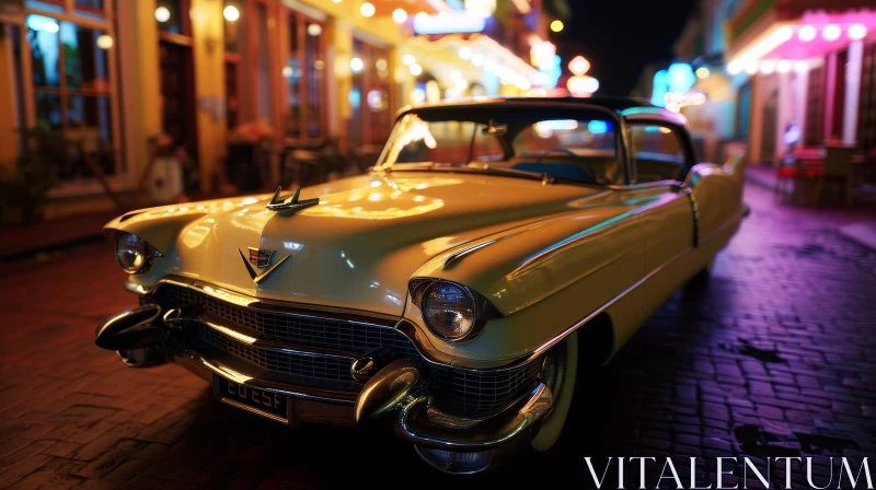 Vintage Yellow Car on City Street at Night AI Image