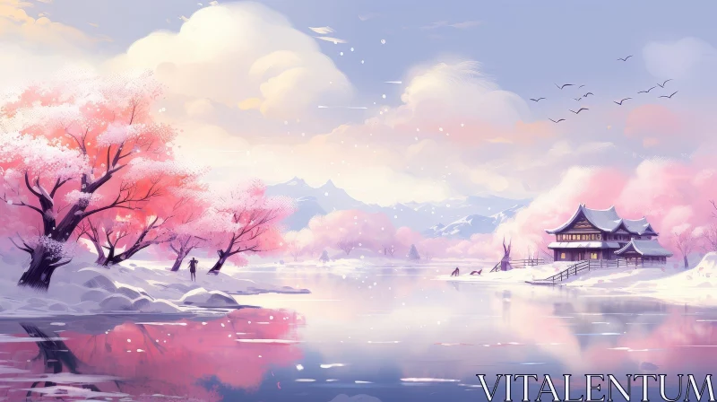 Winter Landscape with Pink Sky and Snow-Covered Ground AI Image