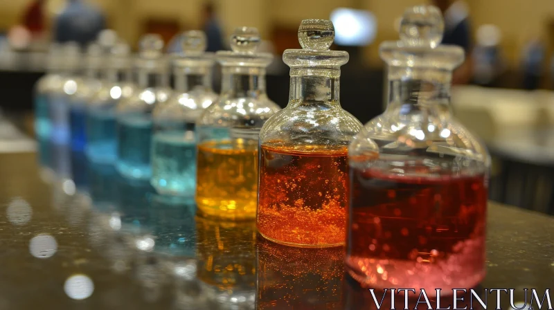 Abstract Glass Bottles: Colorful Liquids on Reflective Surface AI Image