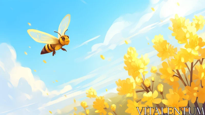 Bee Flying Over Field of Yellow Flowers AI Image