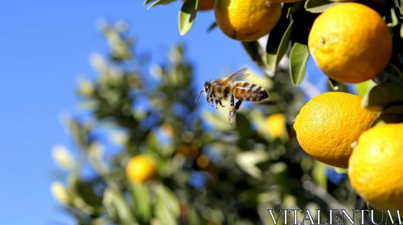 AI ART Bee in Flight Near Citrus Tree - Nature Scene
