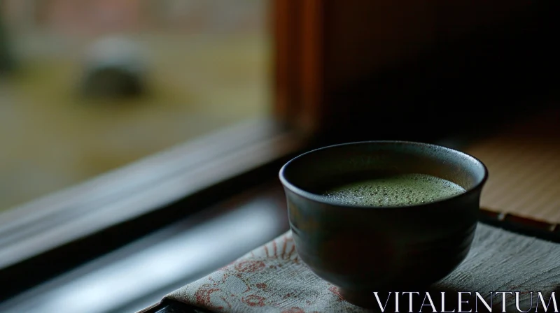 Close-up of Matcha Tea on Japanese Tea Mat AI Image