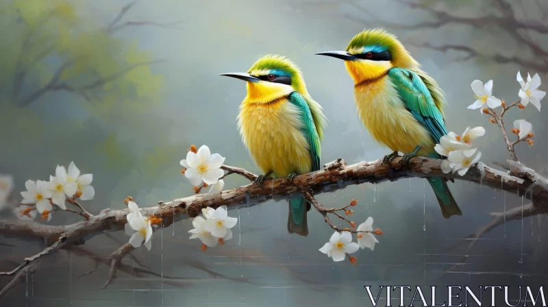 AI ART Colorful Bee-eaters on Branch with White Flowers