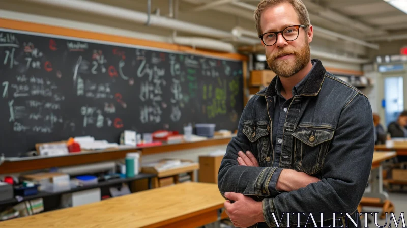 Confident Man in a Classroom with a Chalkboard Background AI Image