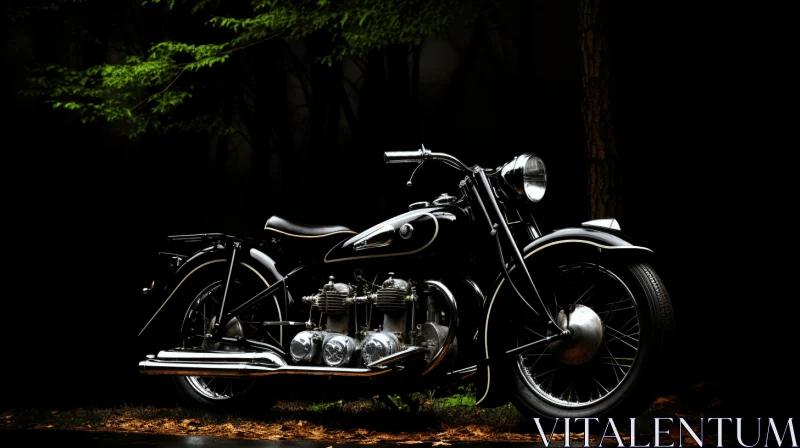 Elegant Black Motorcycle in a Enchanting Wooded Area AI Image