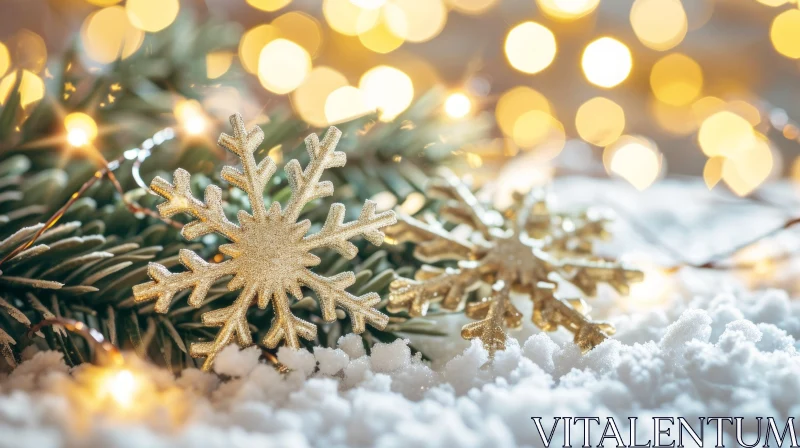 Golden Snowflake Christmas Decoration on Snow-Covered Fir Branch AI Image