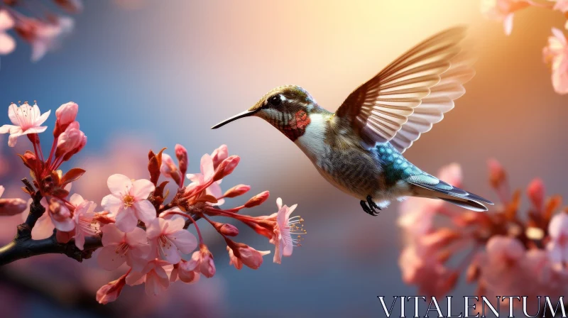 AI ART Graceful Hummingbird and Cherry Blossoms in Nature
