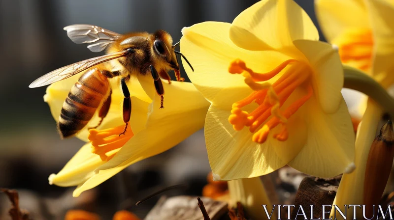 AI ART Macro Nature Photography: Honeybee on Yellow Daffodil
