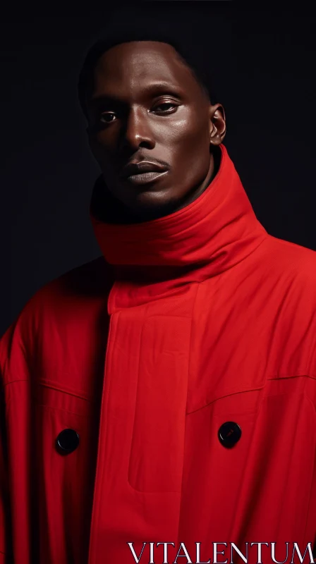 Serious African-American Man Portrait in Red Coat AI Image