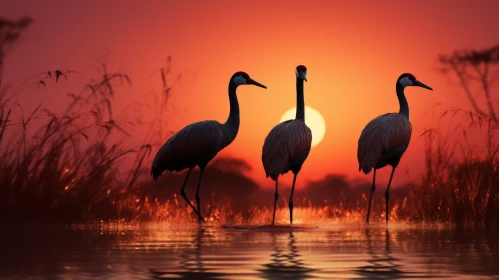 Tranquil Sunset Landscape with Cranes in a Lake