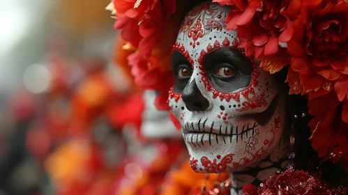 Young Woman with Painted Face in Traditional Mexican Sugar Skull Style