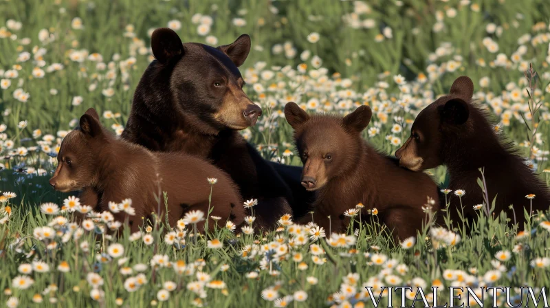 AI ART Brown Bear and Cubs in Flower Field - Wildlife Photography