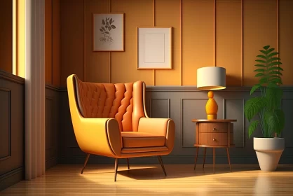 Captivating 3D Rendering: Yellow Armchair in a Mid-Century Style Room