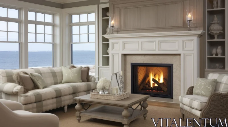 Coastal Style Living Room with Marble Fireplace AI Image