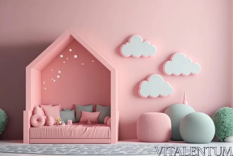 Dreamy Children's Room with Pink Beds and Clouds AI Image