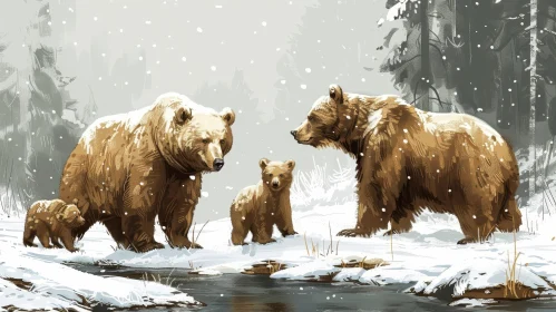Enchanting Family of Bears Painting in Snowy Forest