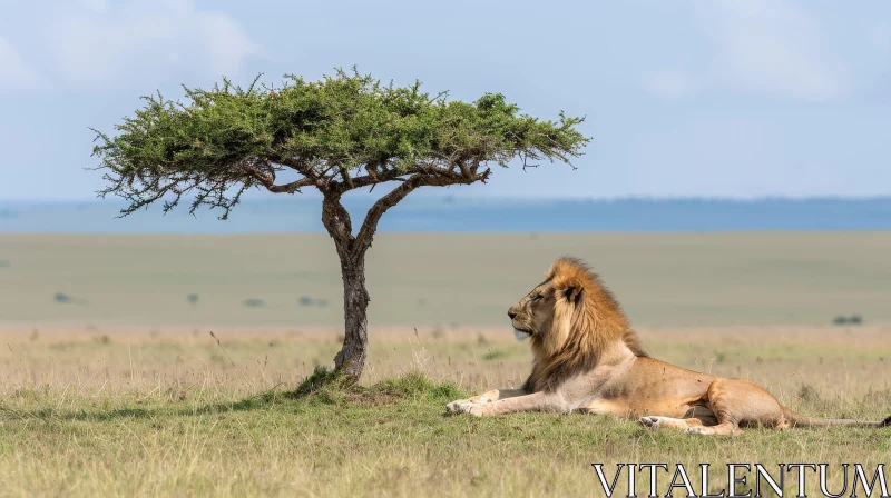 Majestic Lion Resting Near Tree Under Blue Sky AI Image