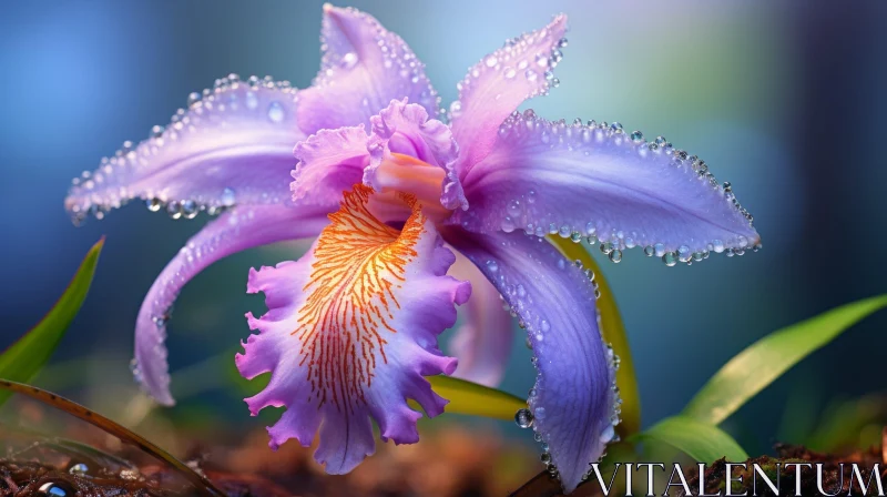Purple Orchid Flower with Water Droplets - Close-up Image AI Image