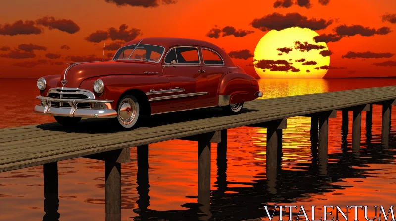 AI ART Red Retro Car on Wooden Pier at Sunset