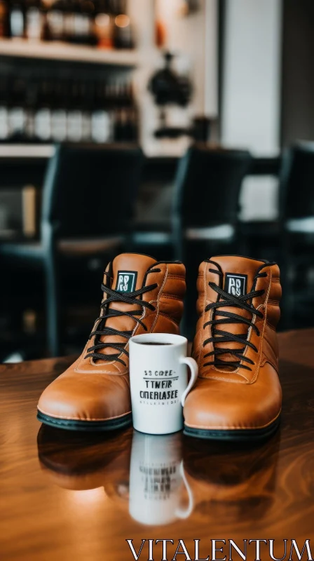 Rustic Leather Boots and Coffee Cup on Wooden Table AI Image