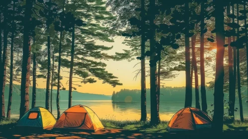 Tranquil Forest Camping Scene at Sunset by the Lake
