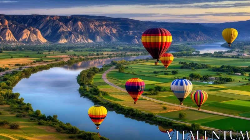 Tranquil River Valley Landscape with Hot Air Balloons AI Image