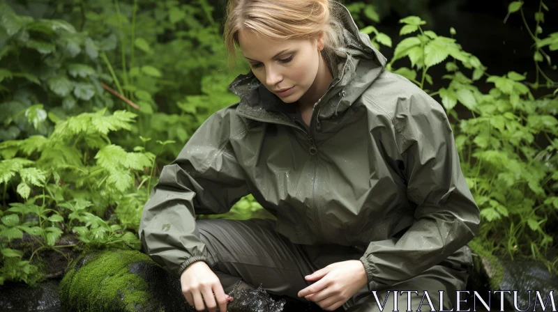 Young Woman in Green Jacket Kneeling in Forest AI Image