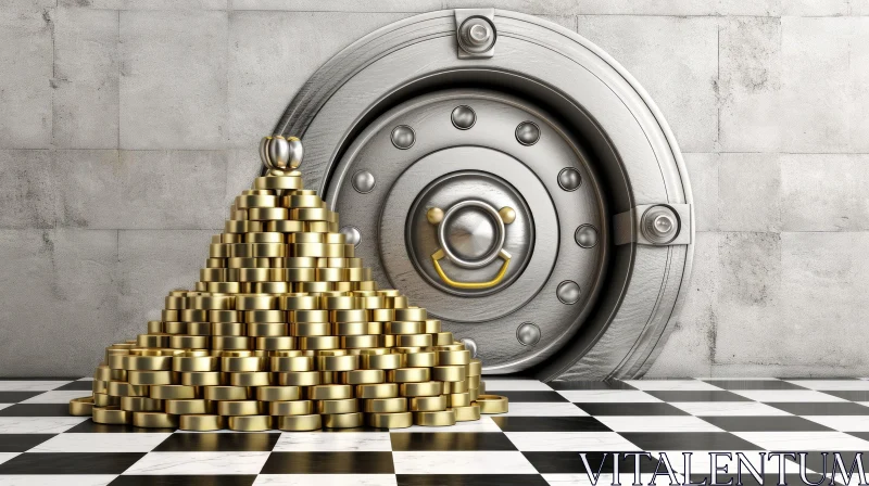 AI ART 3D Rendering of Metal Safe with Gold Coins and Chess Pieces