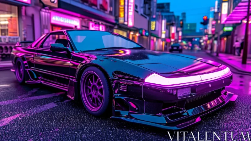 Black Sports Car with Purple Neon Lights in Night City AI Image