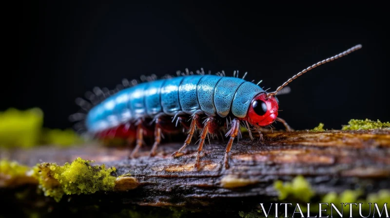 Blue and Red Millipede Close-Up on Wood AI Image