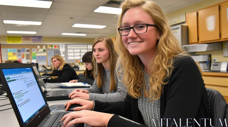 Cheerful Blonde High School Student Using Laptop in Classroom AI Image