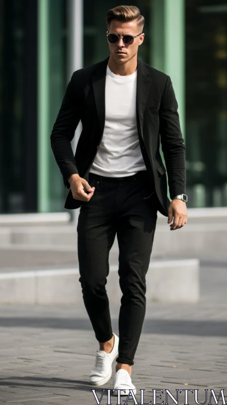 Confident Young Man in Black Suit Walking Down Street AI Image