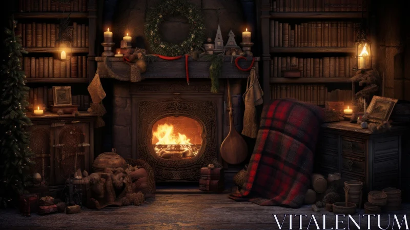 AI ART Cozy Christmas Library Fireplace Digital Painting