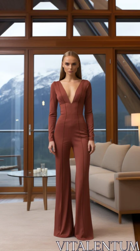 Elegant Woman in Brown Jumpsuit in Modern Living Room with Mountain View AI Image