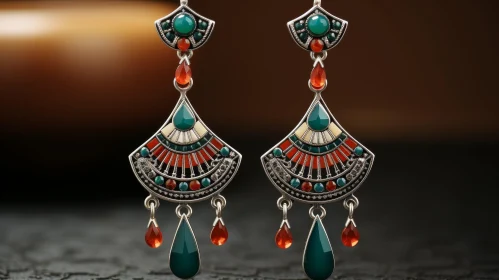 Exquisite Silver Fan Earrings with Green and Red Stones