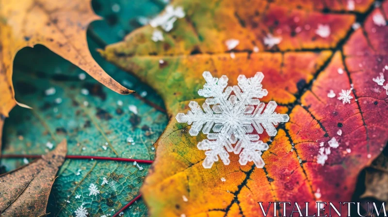 AI ART Exquisite Snowflake Close-Up on Colorful Fall Leaf