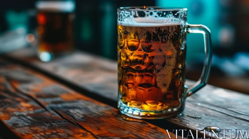 Half-Full Mug of Beer on Wooden Table in Bar AI Image